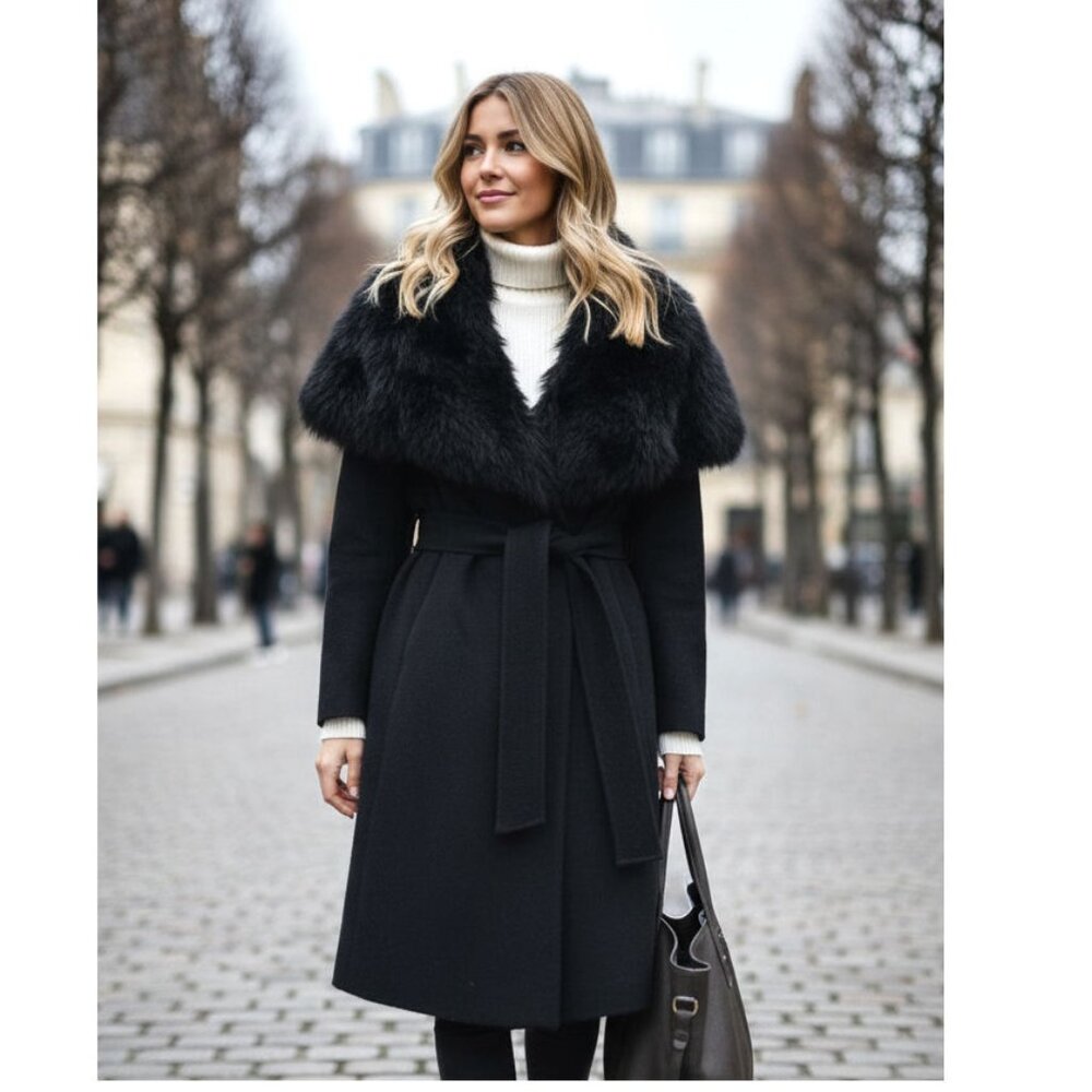 Fleurette Women's Black Oversize Dyed Fox Fur-collar Wool Wrap Coat O/S